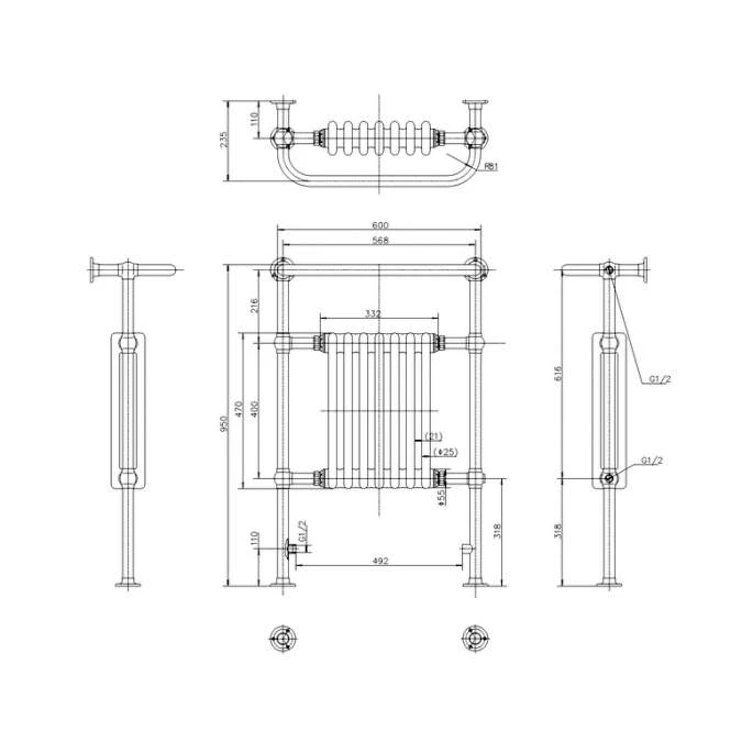 Burlington Trafalgar Chrome/Black Traditional Bathroom Radiator 642 X 235 X 950mm 5 Burlington Trafalgar Chrome/Black Traditional Bathroom Radiator 642 X 235 X 950mm - Image 3